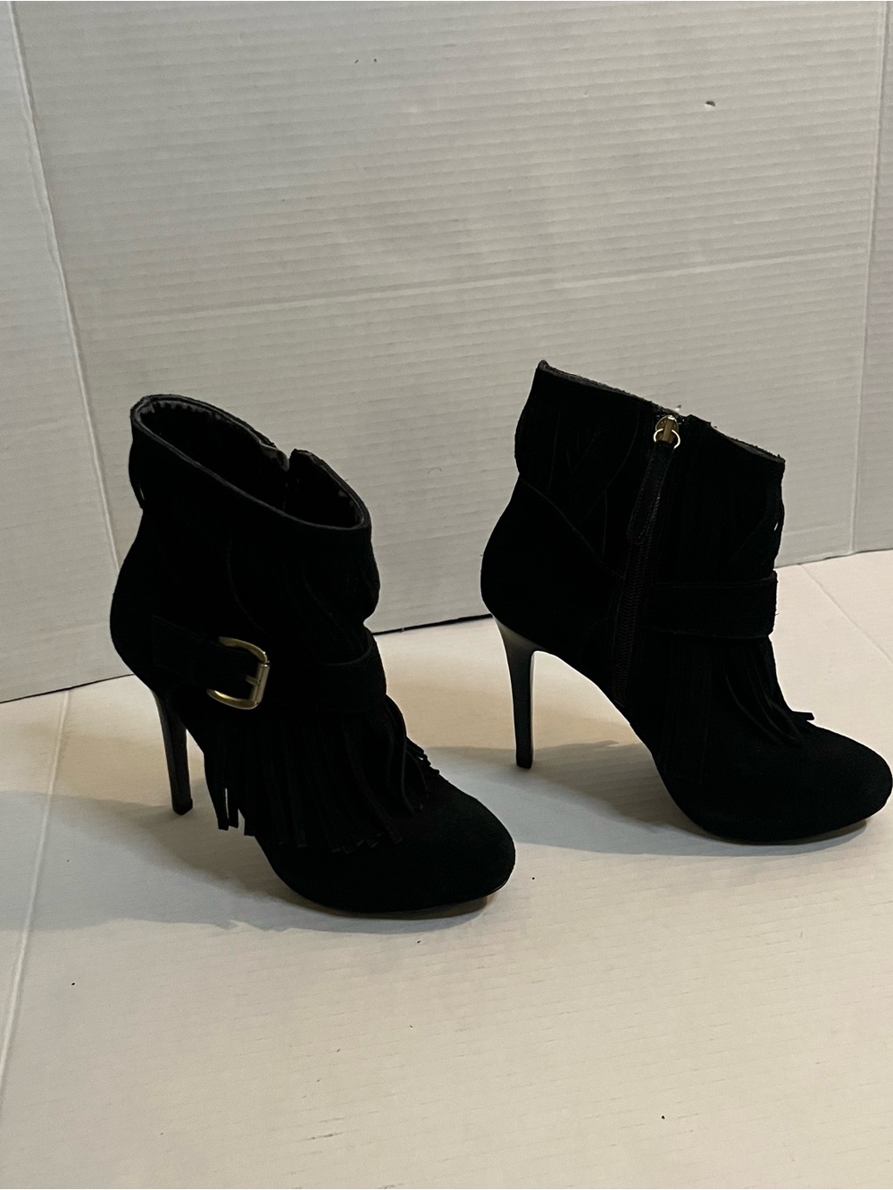 Guess Black Suede Fringe Ankle Booties with Stiletto Heel